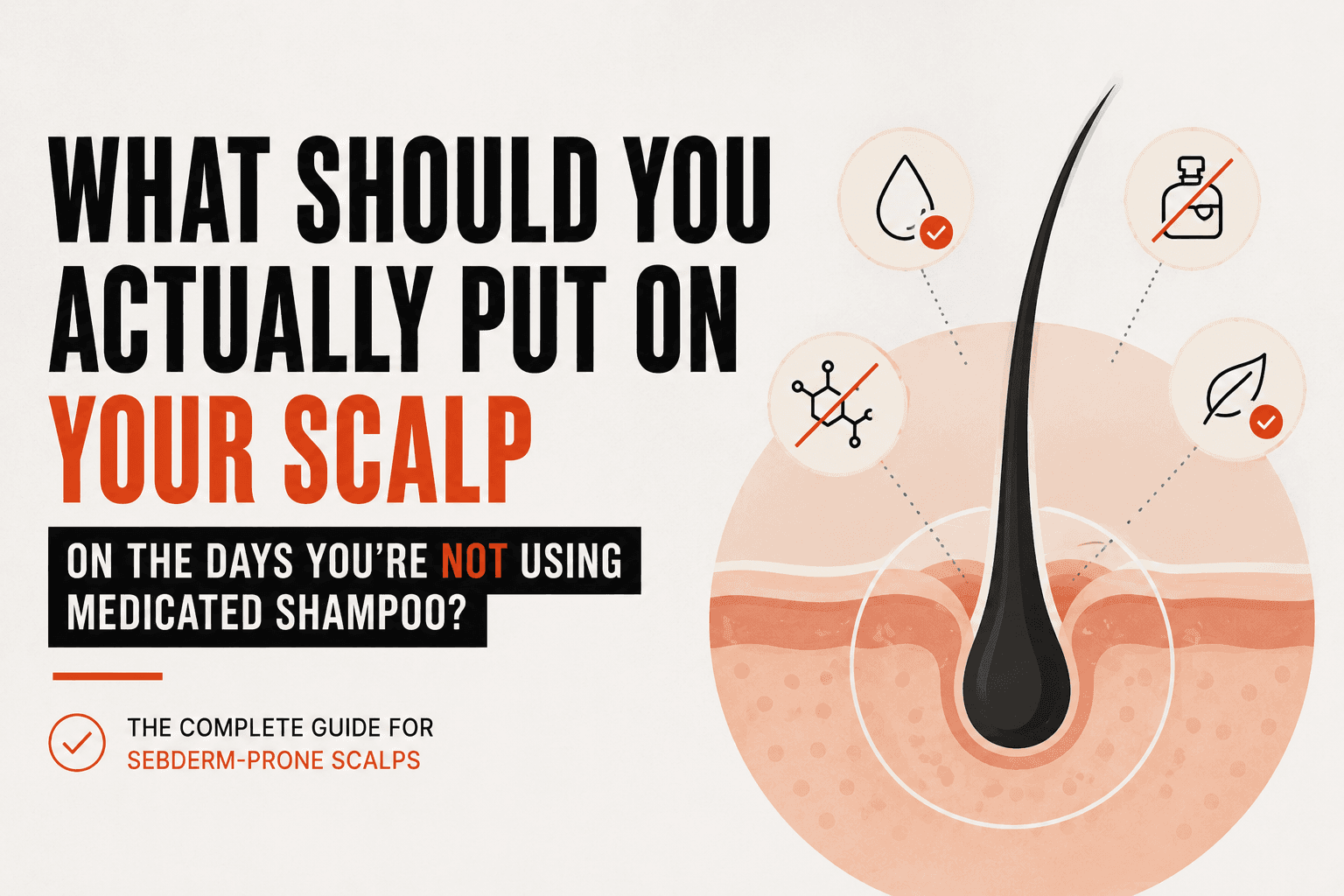Illustrated guide showing what to put on a seborrheic dermatitis-prone scalp between medicated shampoo washes, with icons indicating safe and unsafe ingredients for sebderm scalp care